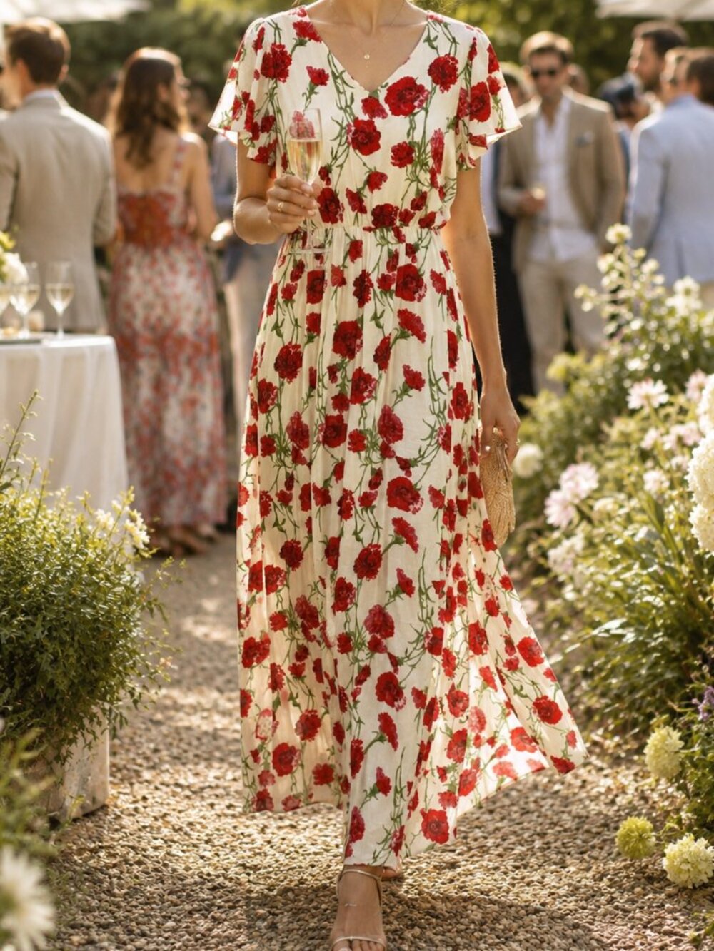 KAILEIGH Red Carnation Floral Print Maxi / Tea Length Dress
